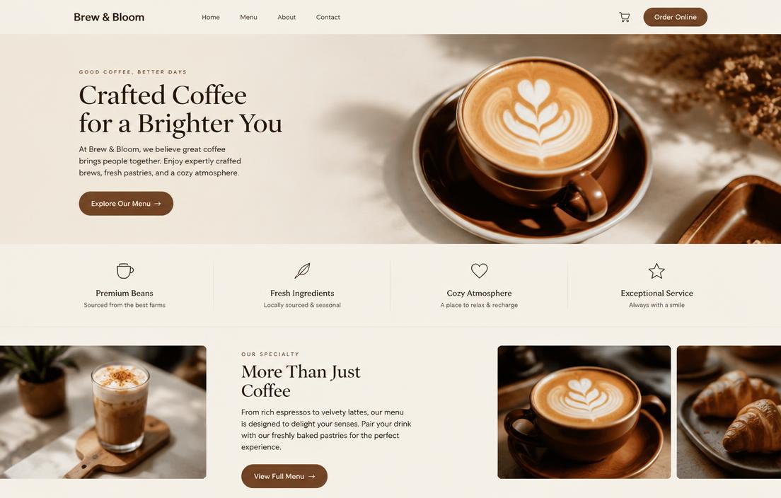Aurora template — warm coffee shop homepage